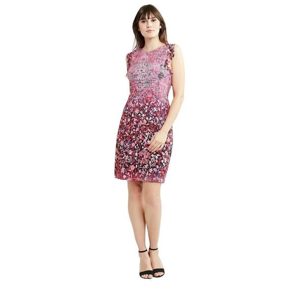 Elie Tahari Carelle Dress Red Petunia Floral Ruffles Lined Fitted Sheath 10 NEW - Picture 1 of 12
